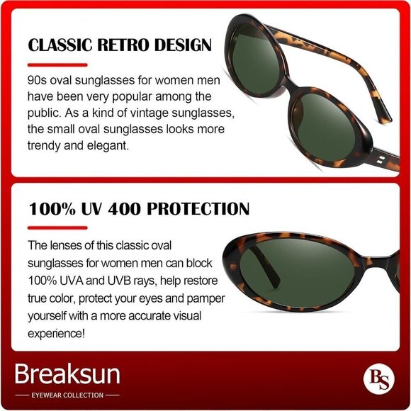 ?Breaksun Sunglasses Women Black Retro Oval Fashion Vintage Shades Eyewear